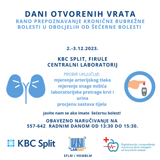 Dani otvorenih vrata KBC-a Split: Rano prepoznavanje kronične bubrežne bolesti u bolesnika sa šećernom bolesti