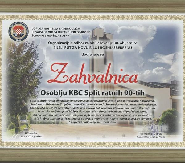 Zahvalnica osoblju KBC-a Split povodom obilježavanja 30 g. od osnutka humanitarnog konvoja „Bijeli put za Novu Bilu i Bosnu Srebrenu“
