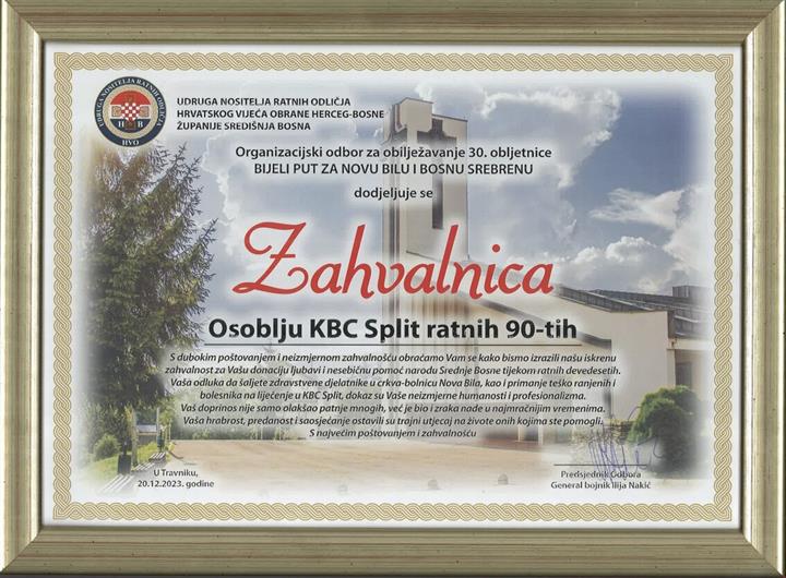Zahvalnica osoblju KBC-a Split povodom obilježavanja 30 g. od osnutka humanitarnog konvoja „Bijeli put za Novu Bilu i Bosnu Srebrenu“