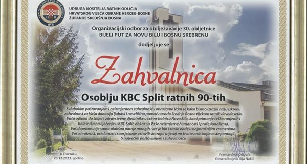 Zahvalnica osoblju KBC-a Split povodom obilježavanja 30 g. od osnutka humanitarnog konvoja „Bijeli put za Novu Bilu i Bosnu Srebrenu“