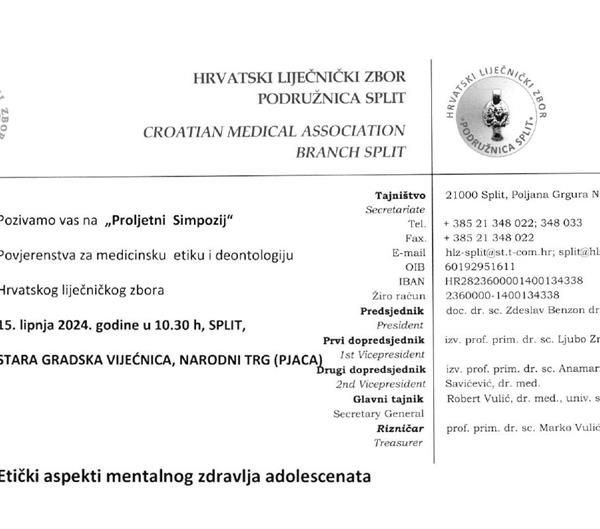 Proljetni simpozij medicinske etike "Etički aspekti mentalnog zdravlja adolescenata"