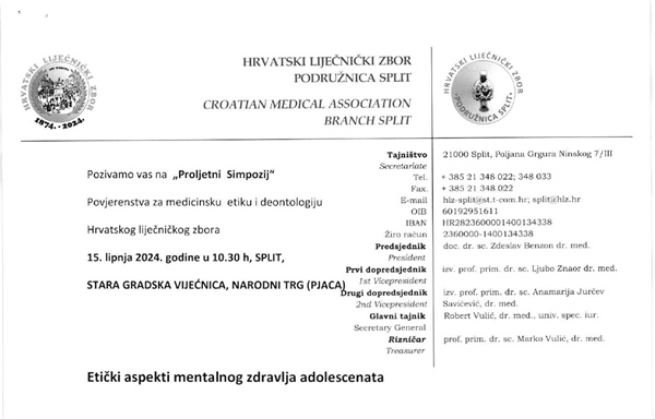 Proljetni simpozij medicinske etike "Etički aspekti mentalnog zdravlja adolescenata"